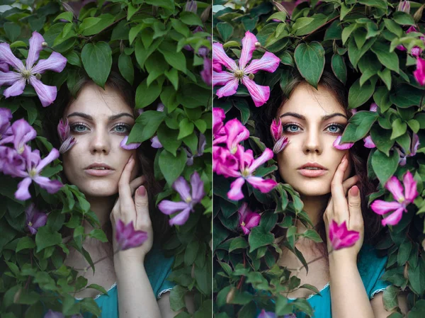 Відмінно ретушував портрет дівчини - до і після . — стокове фото