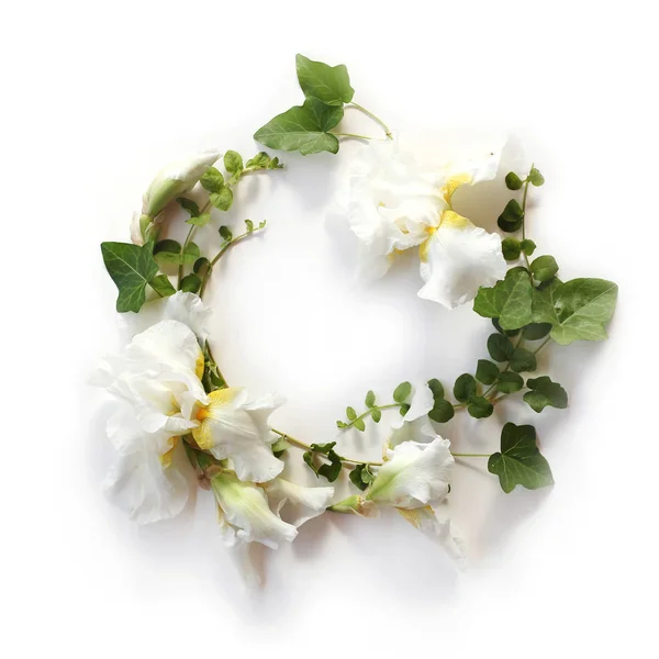 Fresh holiday floral frame made of Iris white flowers, buds — Stock Photo, Image