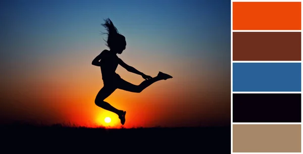 girl jumping at sunset silhouette photo. color palette scheme with complementary swatches