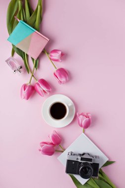 Düz pembe arka plan eski fotoğraf makinesi ile yatıyordu.