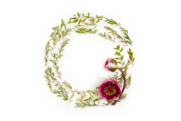 Floral round frame on white background. Flat lay, top view. — Stock Photo, Image