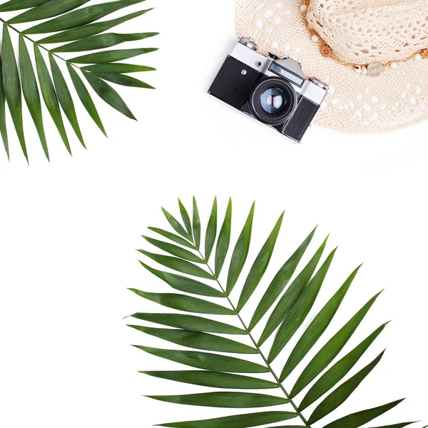 Επίπεδη lay ταξίδια έννοια - φωτογραφική μηχανή φωτογραφιών και palm φύλλα — Φωτογραφία Αρχείου