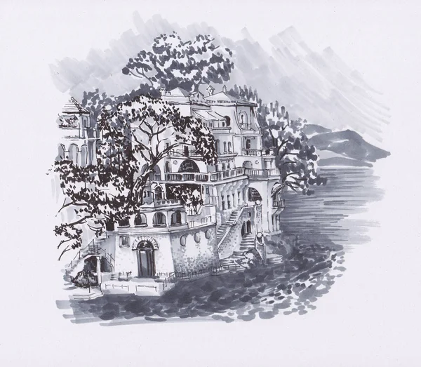 Bir uçurumun üzerinde bir ev ile çizim şehir.