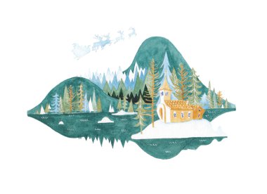 Kış manzara dağlar ve çam ağaçları ile stilize.