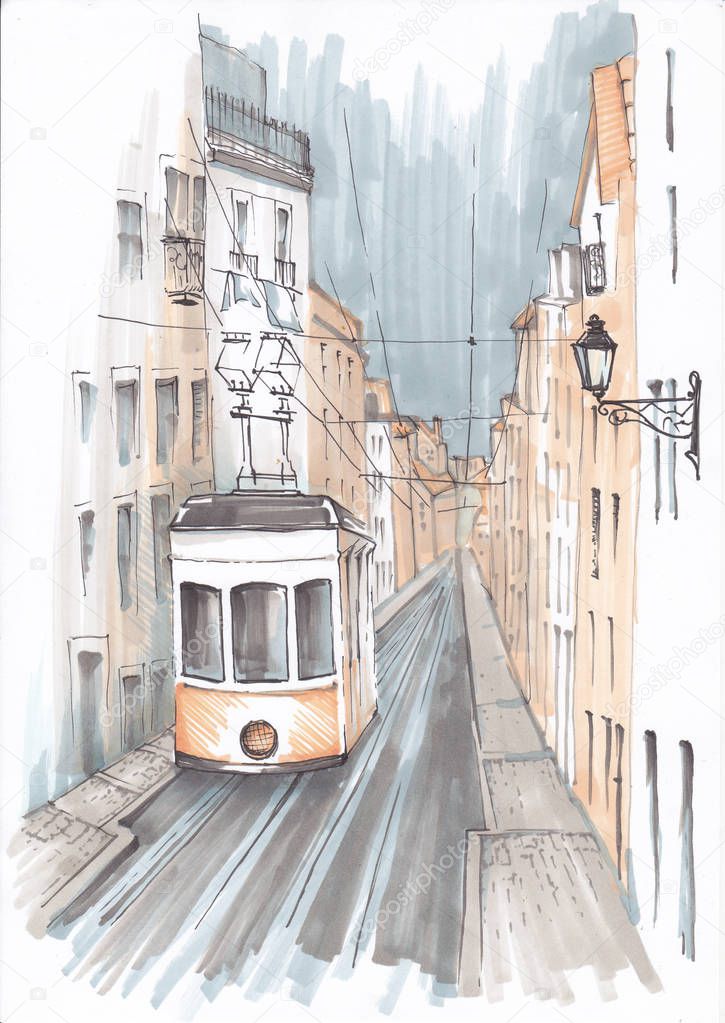 Stylized tram on the narrow streets of Portugal. Sketch.