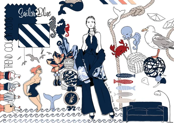 Cor Elegante Sailor Blue Desenho Desenhado — Vetor de Stock