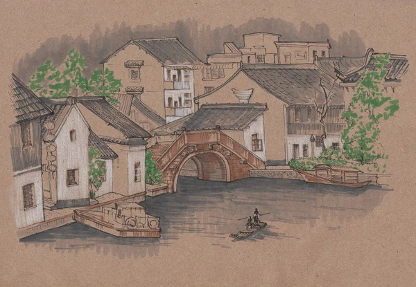 Chinese Village Houses Bridge Boats Kraft Paper Urban Sketch Made — Stock Photo, Image