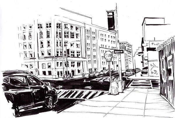 Rue New York Avec Route Voitures Croquis Encre — Photo