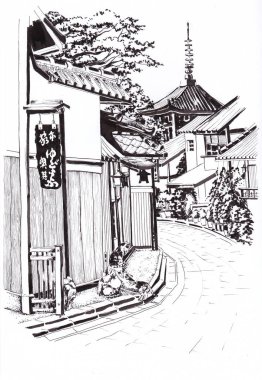 Japon şehrin sokak. Eski Japon evleri olan yol. Evin yanında iki kedi. Uzaktan, tapınağın görülebilir. Mürekkeple çizim.