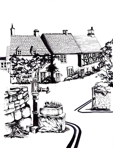 Старые Английские Дома Черно Белый Эскиз — стоковое фото
