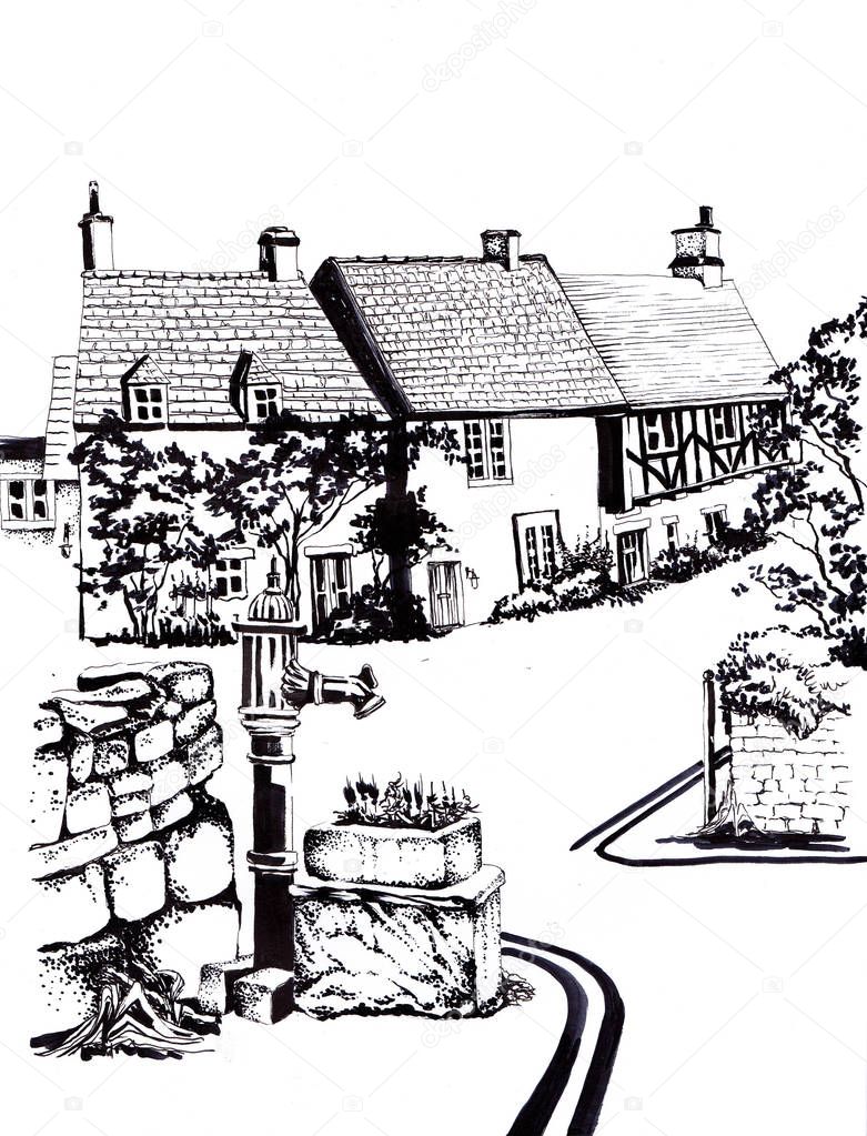 Old English houses. Black and white sketch.
