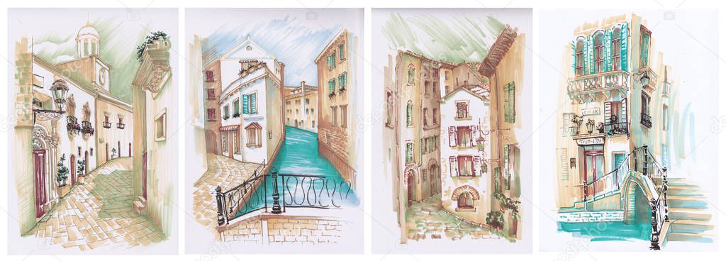 Italian houses, canals, streets. 4 sketch markers.