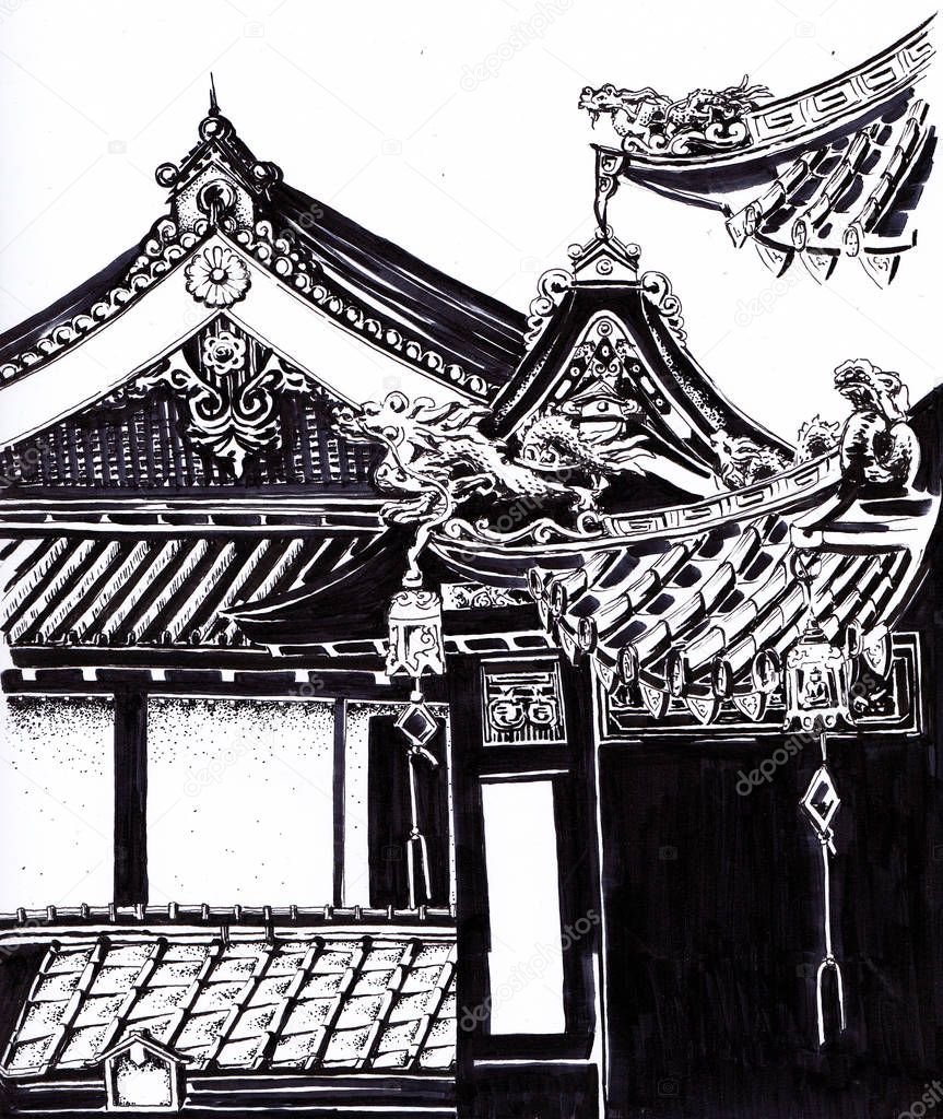 Oriental temples with pagodas. Sketch in ink.
