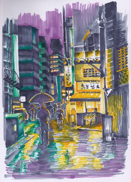 Evening street of Japan. People hurrying home, shops, illumination. Sketch.