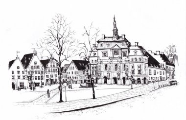 Almanya, Luneburg. Pazar Meydanı Belediye Binası ile durduramaz. Kentsel eskiz.