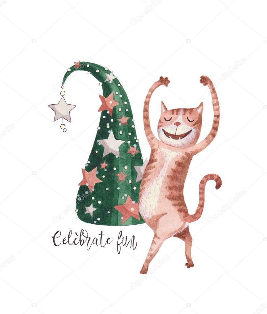 Greeting card with the wish to celebrate fun. Funny cat dances near a Christmas tree.