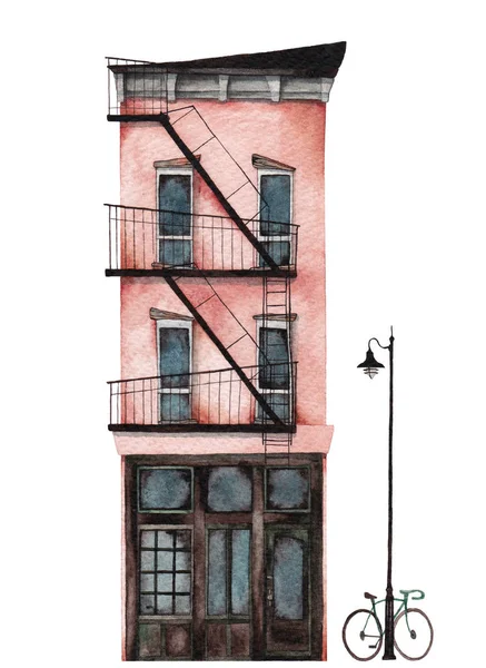 Városi Ház Egy Bolttal Földszinten Akvarell — Stock Fotó