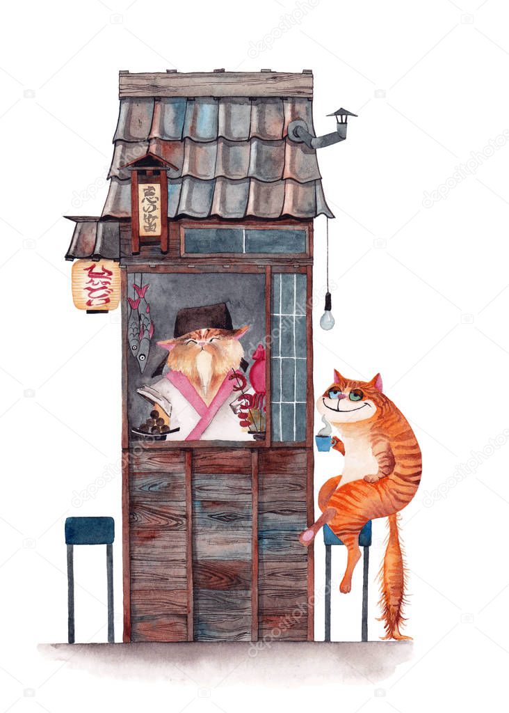 Japanese fast food. Stylized diner with a visitor. Watercolor.