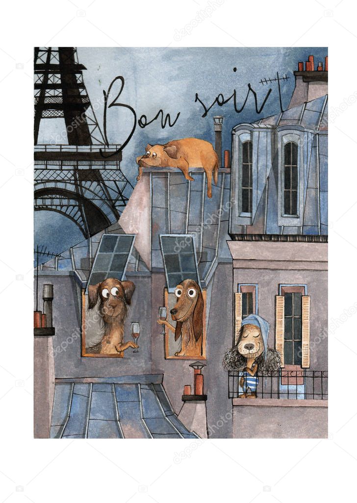 Evening in Paris. Windows and roofs with residents. Watercolor illustration.