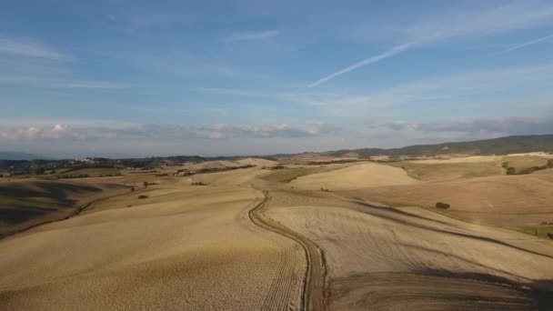 Ripresa aerea, splendido paesaggio collinare toscano, volando sopra i campi — Video Stock