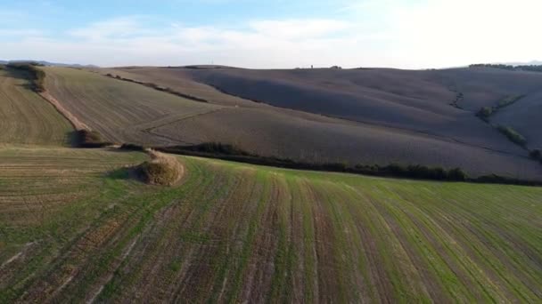 Luftaufnahme, wunderschöne Hügellandschaft der Toskana, über den Feldern fliegend — Stockvideo