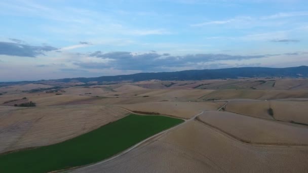 Aerial shot, gorgeous tucany hills landscape, flying above the plowed fields, tuscany flyover — Stock Video