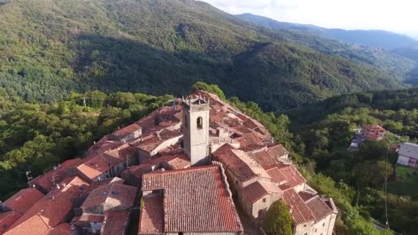 Потрясающий вид, воздушный выстрел, великолепная классическая маленькая итальянская деревня на холме эстакады, в середине зеленой природы, сделанные с беспилотником — стоковое видео