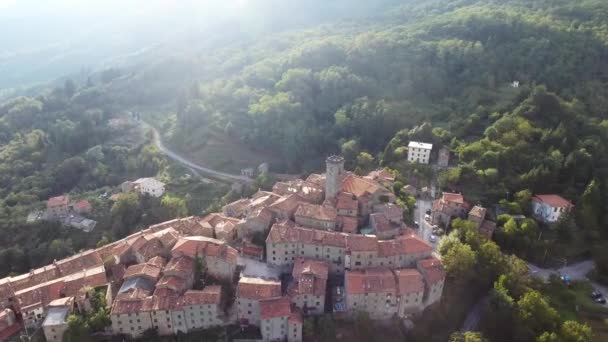 Vista mozzafiato, ripresa aerea, splendido classico paesino italiano sul cavalcavia della collina, immerso nel verde della natura, realizzato con drone — Video Stock