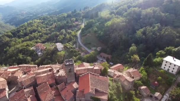 Aerial shot, gorgeous classic small italian village on the hill flyover, in middle of the green nature — Stock Video