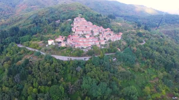 Scatto aereo, splendido classico paesino italiano sul cavalcavia della collina, immerso nel verde della natura — Video Stock