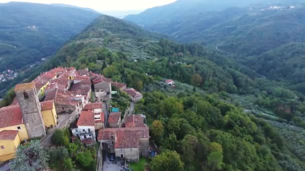 Повітряний постріл, розкішне класичне маленьке італійське село на пагорбі, посеред зеленої природи, зроблене безпілотником — стокове відео