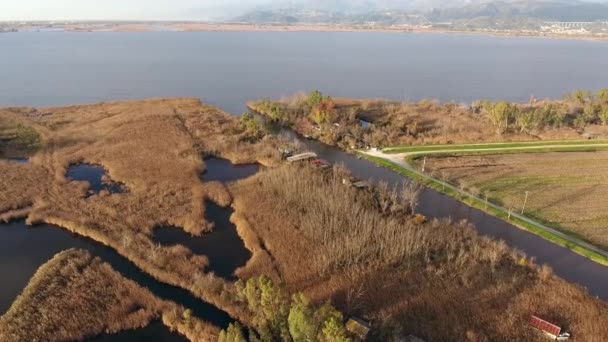 Tiro aéreo, queda paisagem, voando acima dos campos e um enorme lago — Vídeo de Stock