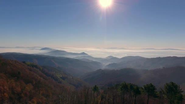 Plano aéreo, magníficas colinas en la niebla de la mañana, sol alto en el cielo y hermosos colores de otoño — Vídeos de Stock