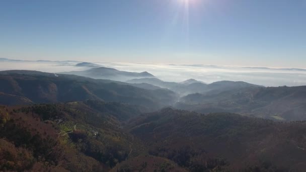空中ショットは、朝の霧で豪華な丘太陽高空と美しい秋の色 — ストック動画