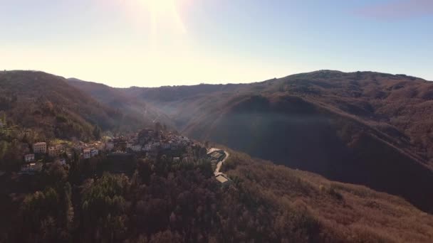 空中ショットは、オレンジの乾燥と山脈の秋の木の真ん中に小さな村を離れると、太陽が空に高く — ストック動画