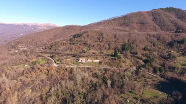Aerial shot, little village in the middle of an autumn wood in the mountains with orange dry leaves, sun high in the sky — Stock Video
