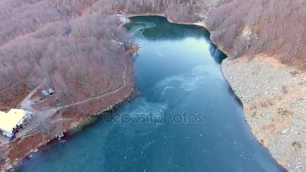 Воздушный кадр, красивое замерзшее озеро глубокого синего цвета, окруженное морозными деревьями, расположенное посреди гор — стоковое видео