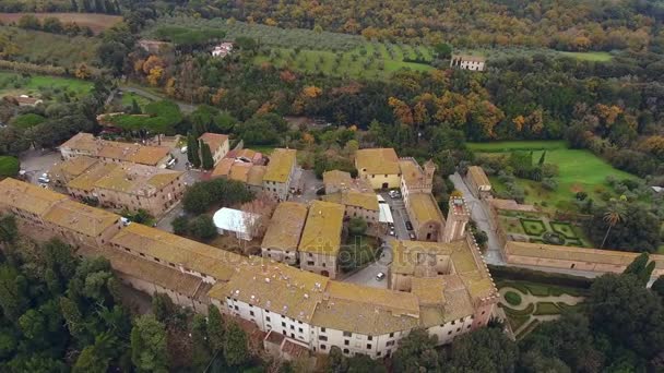Tiro aéreo, uma pequena cidade antiga situada no meio da paisagem rural com campo cultivado e um monte de oliveiras na Toscana, Itália — Vídeo de Stock