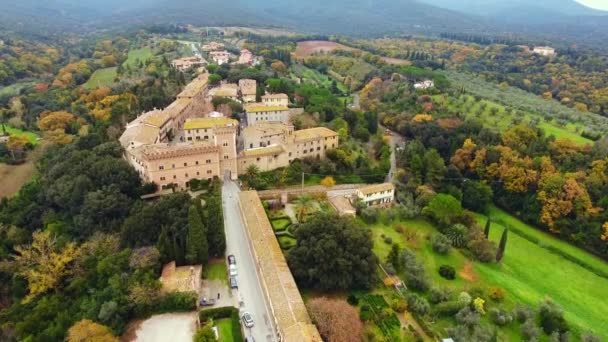 Foto aérea, una pequeña ciudad antigua situada en medio del paisaje rural con campo cultivado y una gran cantidad de olivos en Toscana, Italia — Vídeos de Stock