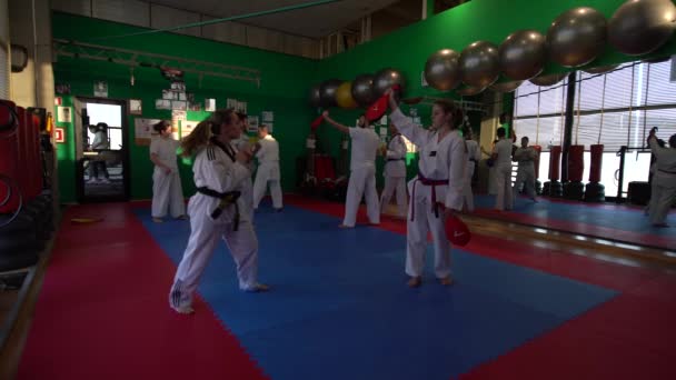 Sessão de treinamento de taekwondo adulto no ginásio, uma mulher chutando, foco seletivo, 4K — Vídeo de Stock