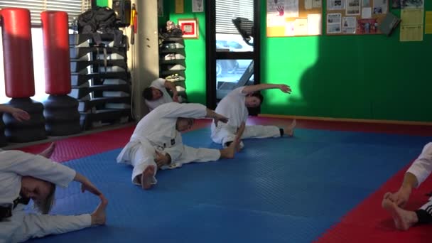Sesión de entrenamiento de taekwondo para adultos en el gimnasio, estiramiento, enfoque selectivo, 4K — Vídeo de stock
