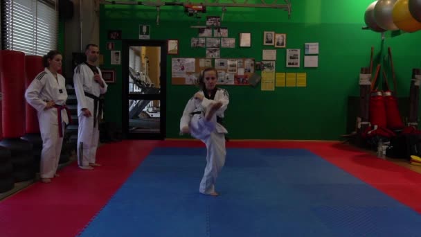 Vídeo en cámara lenta de una sesión de entrenamiento de taekwondo para adultos en el gimnasio, una mujer pateando, enfoque selectivo — Vídeo de stock