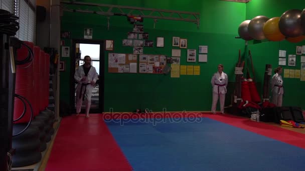 Vídeo en cámara lenta de una sesión de entrenamiento de taekwondo para adultos en el gimnasio, un hombre pateando, enfoque selectivo, HD — Vídeo de stock