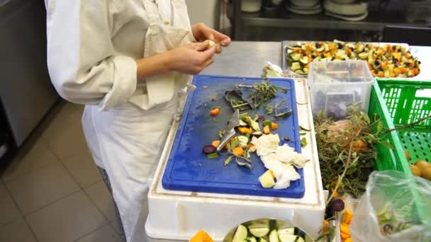 Una cocinera preparando deliciosas brochetas de verduras, 4K — Vídeos de Stock