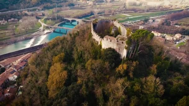 Aerial shot, an abandoned perched castle Castello di Ripafratta in Tuscany, Italy, 4K Stock Video