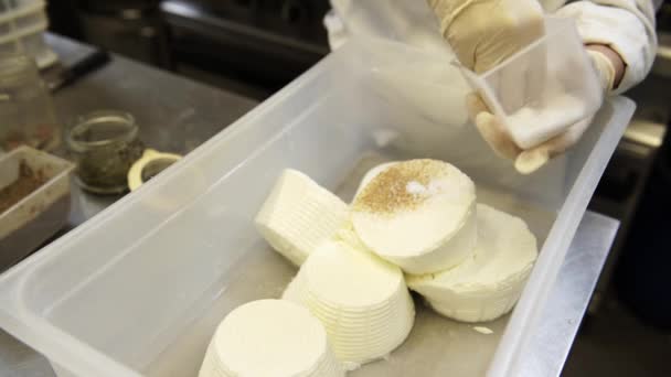 Un cocinero poniendo algunas especias en queso ricotta en el recipiente de plástico, 4K — Vídeos de Stock