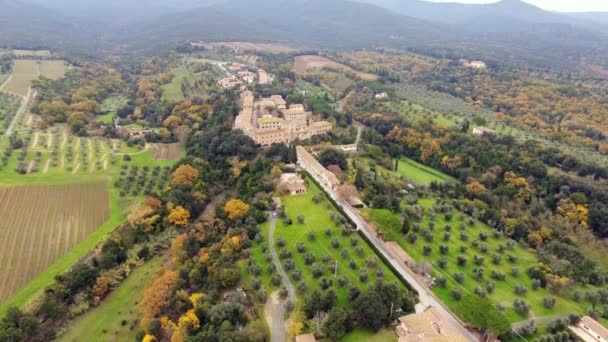 Aerial shot, una pequeña ciudad antigua situada en medio del paisaje rural con campo cultivado y una gran cantidad de olivos en Toscana, Italia, tiro con dron — Vídeos de Stock