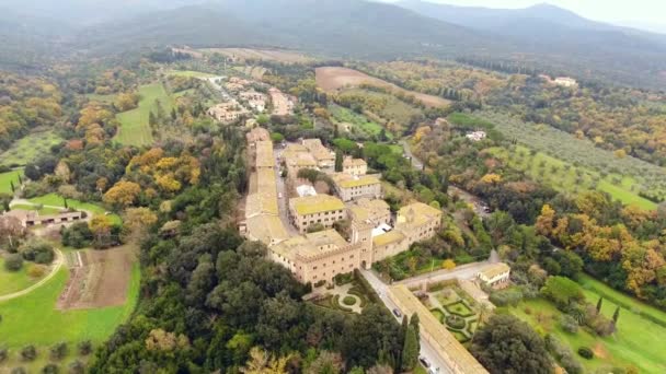 Zdjęcia lotnicze, starożytne miasteczko znajduje się w środku krajobrazu wiejskiego z pola uprawne i wiele drzew oliwnych w Toskanii, Włochy, strzał z drone — Wideo stockowe