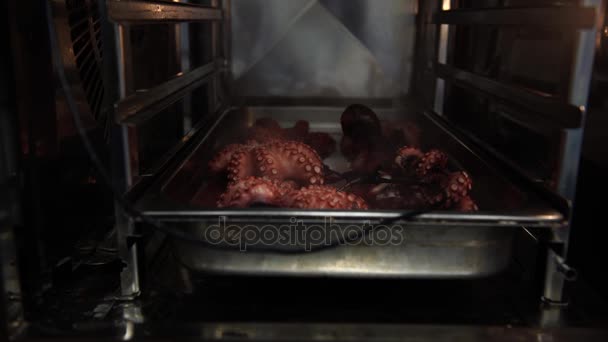 A tasty octopus getting cooked in the owen, 4K — Stock Video