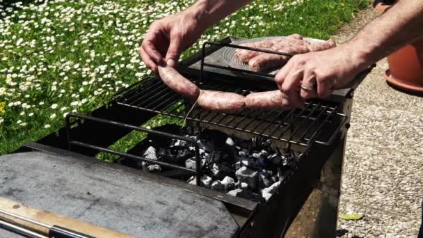 Poner salchichas en la parrilla para barbacoa de verano, 4K — Vídeos de Stock